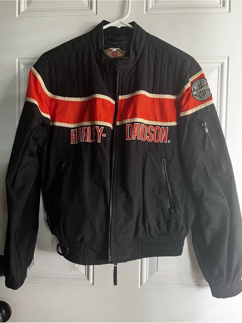 Harley‑Davidson Black and Orange Quilted-Trim Bomber Jacket